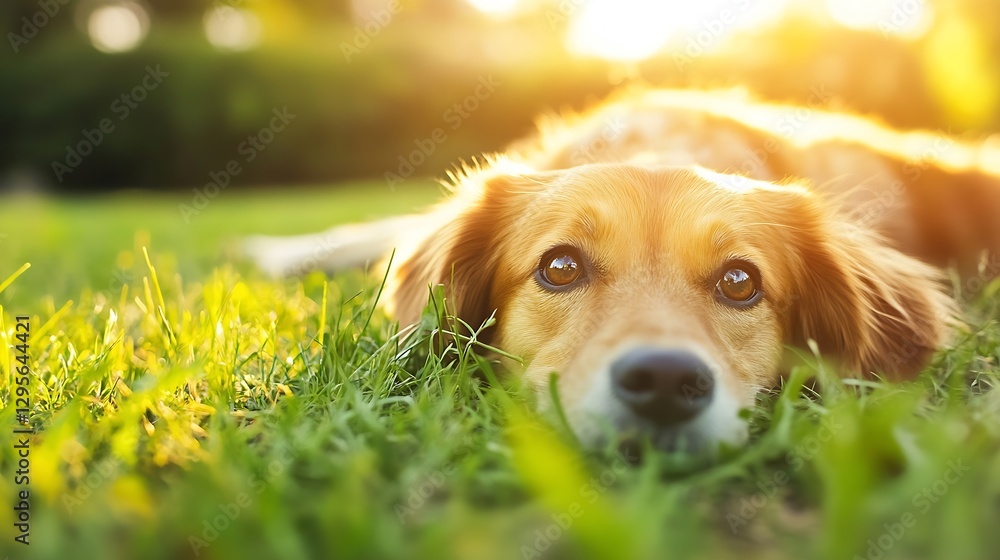 Poster cute dog resting on green grass during golden hour illuminated by soft sunlight creating a warm atmo