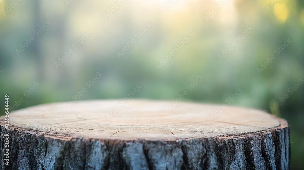 Poster close up view of a tree stump resting in a sunlit forest background symbolizing nature and sustainab