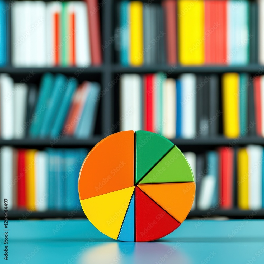 Poster a vibrant pie chart featuring distinct colors sits on a bright table against a backdrop of colorful 