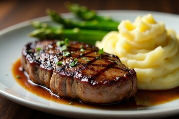 Sizzling steak, creamy mashed potatoes, vibrant asparagus , plate, steak, knife