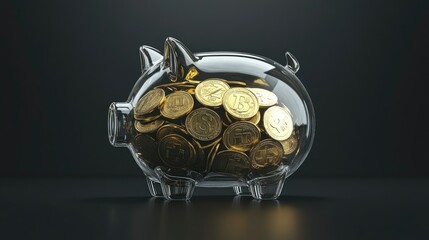 A glass piggy bank filled with gold coins, financial savings visualization.