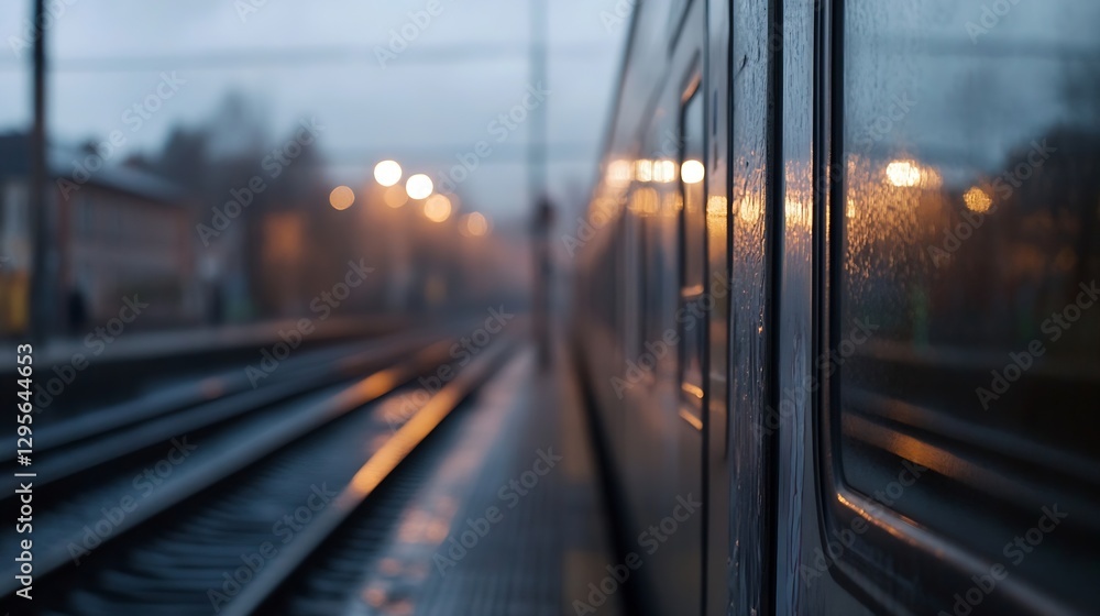 Aufkleber scenic urban train station at night with rainy atmosphere and glowing lights creating a calm mood : 
