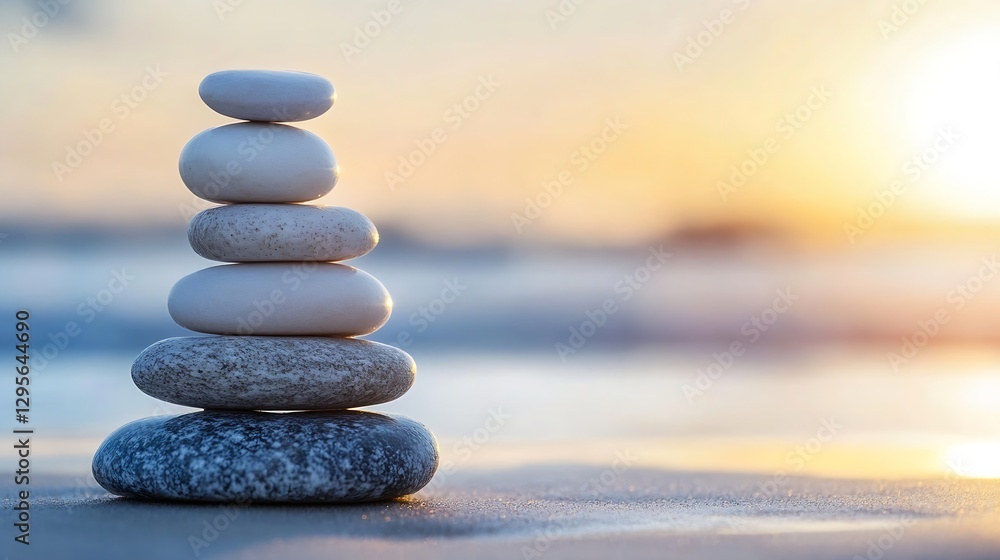 Aufkleber smooth stack of pebbles on the beach with a warm sunset glow in the background : generative ai