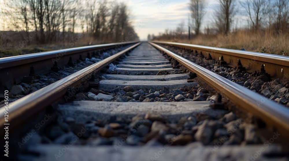 Poster tranquil railway track stretching into the distance under a serene sky with natural scenery on both 