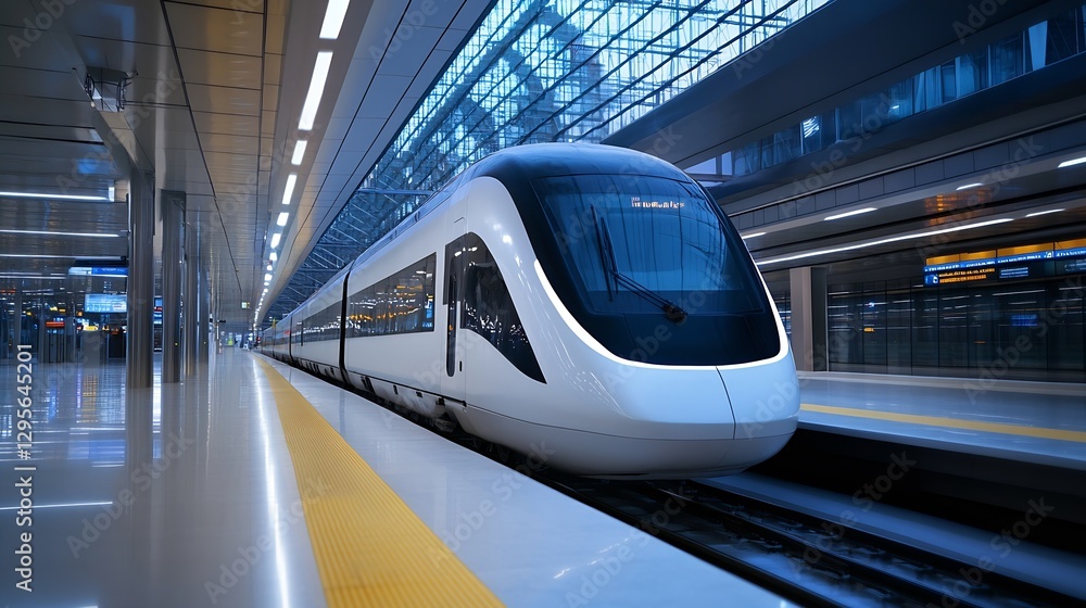 Poster modern high speed train passing through a futuristic airport terminal with glass architecture : gene