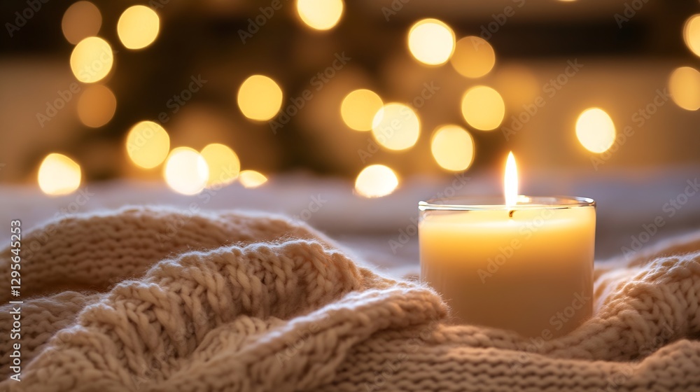 Poster Cozy Candle on Soft Knit Blanket with Beautiful Bokeh Lights in Background for Relaxing Atmosphere : Generative AI