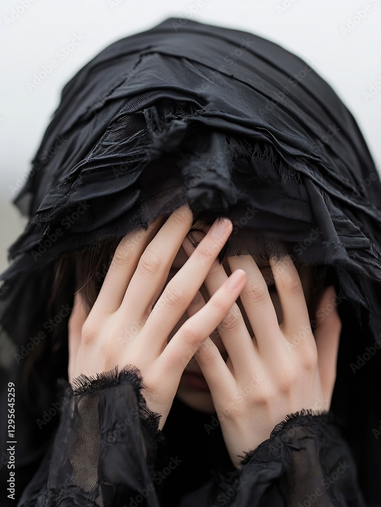Poster a person covered in a black cloak hiding their face reflecting a deep sense of mystery and emotion :