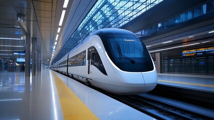 Fototapeta premium Modern High Speed Train Passing Through a Futuristic Airport Terminal with Glass Architecture : Generative AI
