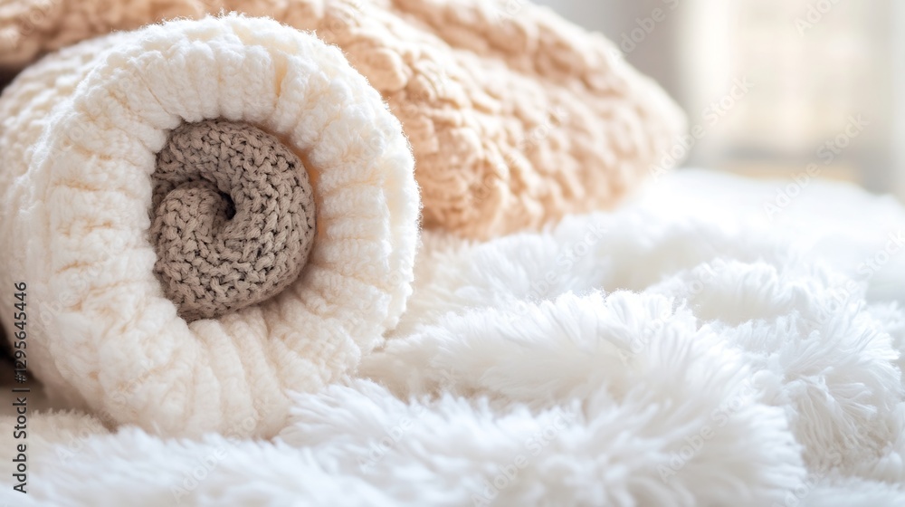 Poster cozy and soft rolled up knitted blankets for warmth and comfort in a home setting : generative ai