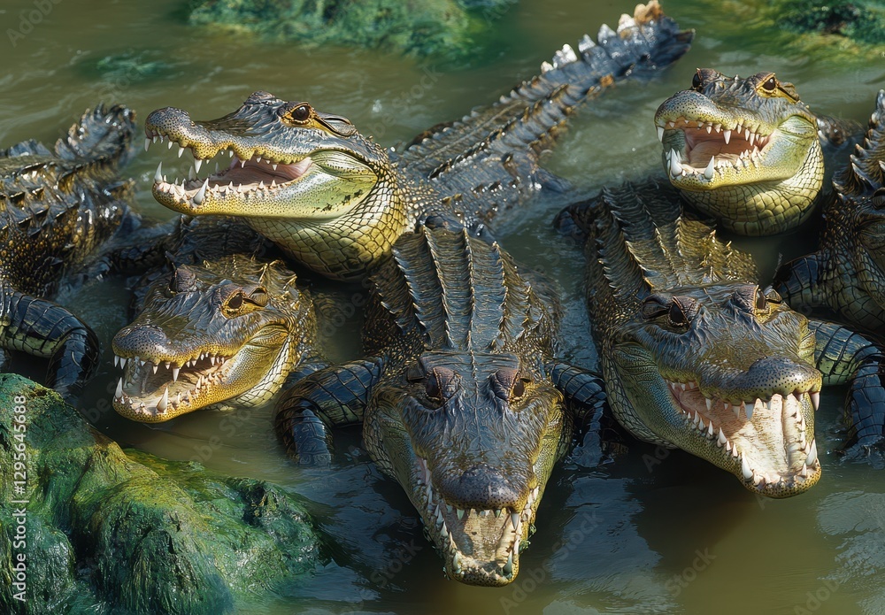 Poster group of alligators displaying powerful jaws while resting on mossy shoreline in tropical wetland en