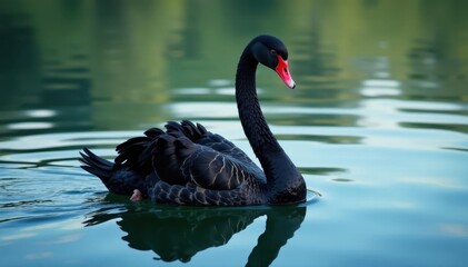 Obraz premium Black swan swimming, ripples on glassy lake surface, black swan, surface, calm water