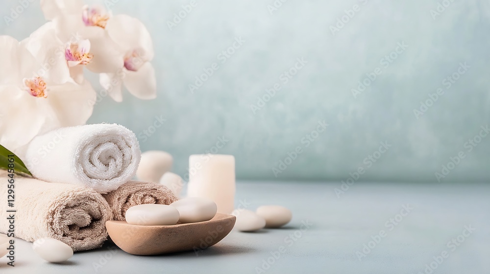Poster Spa Essentials with Soft Towels and Delicate Orchid Flowers on a Calm Background : Generative AI