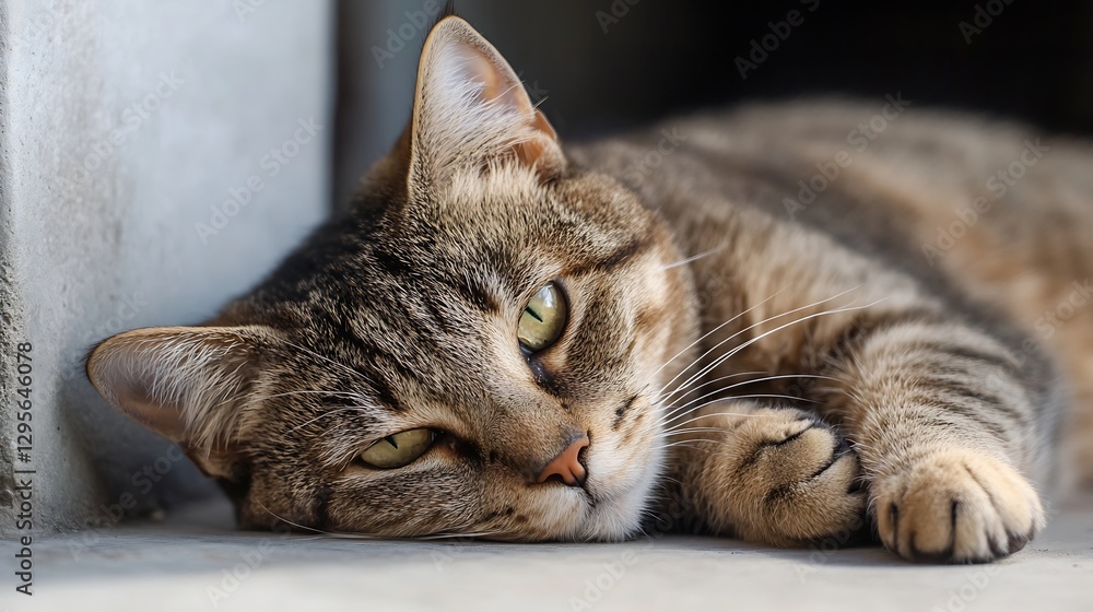 Aufkleber relaxed tabby cat stretching on concrete surface with soft green background of a home : generative a