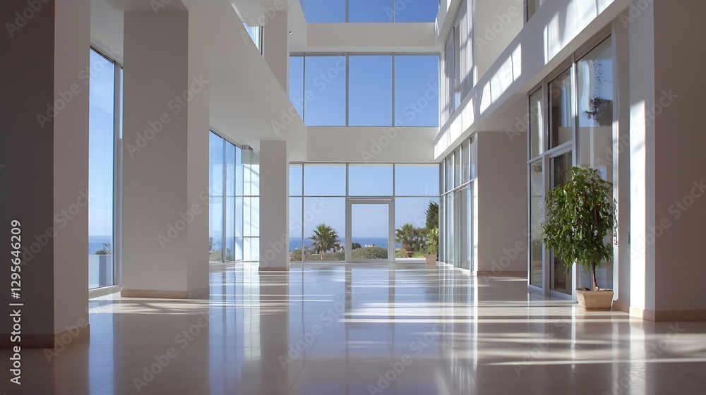 Poster bright and spacious modern lobby with large windows and scenic view of nature outside : generative a
