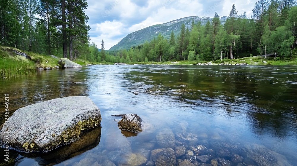Poster a serene river landscape with smooth water reflecting trees and mountains under a cloudy sky : gener