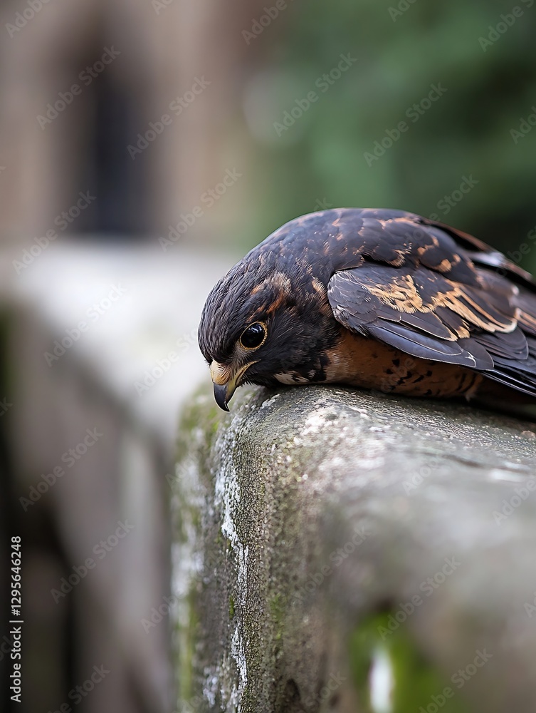 Poster focused and detailed depiction of a striking falcon perched attentively on a stone railing : generat
