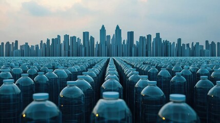 Obraz premium Urban Landscape Featuring Rows of Plastic Water Bottles with Skyline