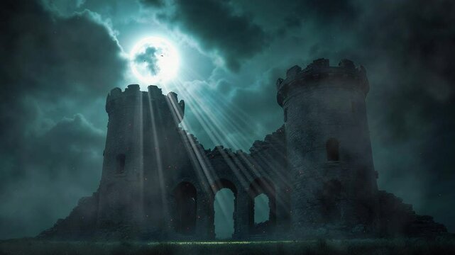 Mysterious ruins of an ancient castle under a full moon with dramatic clouds and light rays