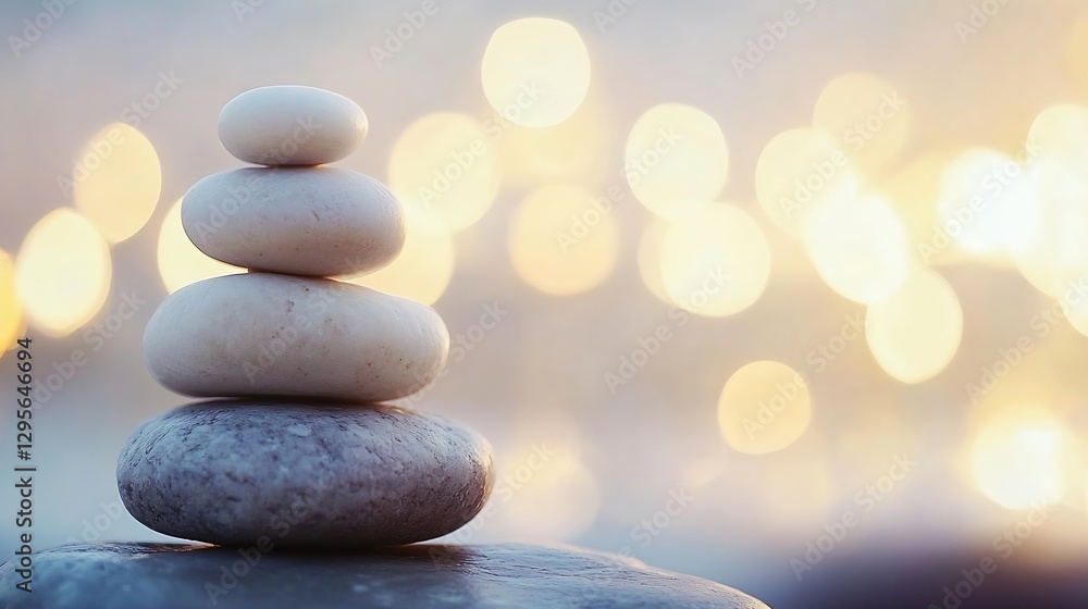 Poster artfully balanced stack of smooth stones with dreamy bokeh lights in background for zen vibe : gener