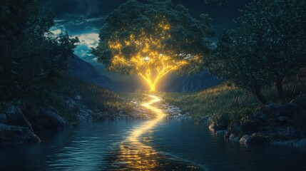 Floating 3D Search Bar Illuminating Digital Landscape Pathways Symbolizing Guidance and Discovery