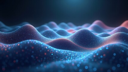 A mysterious expanse of undulating fractal waves, shimmering with spectral hues, particles dissolving into light, a hypnotic visualization of the dual nature of quantum mechanics.