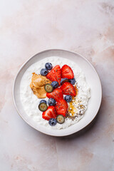 Cottage cheese with berries, peanut butter and honey.