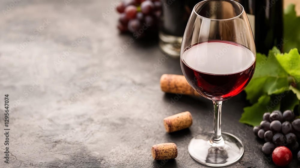 Poster red wine glass with corks and grapes on a rustic table setting evoking a warm ambiance : generative 
