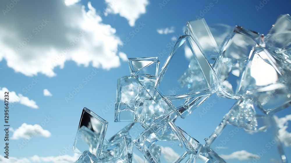Poster abstract composition of fragmented glass shapes reflecting light against a backdrop of clouds and bl