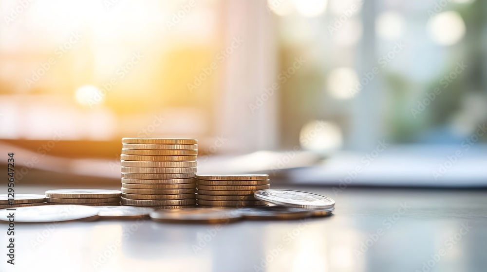 Poster stacks of shiny coins arranged on a reflective surface with warm sunlight creating an inspiring fina