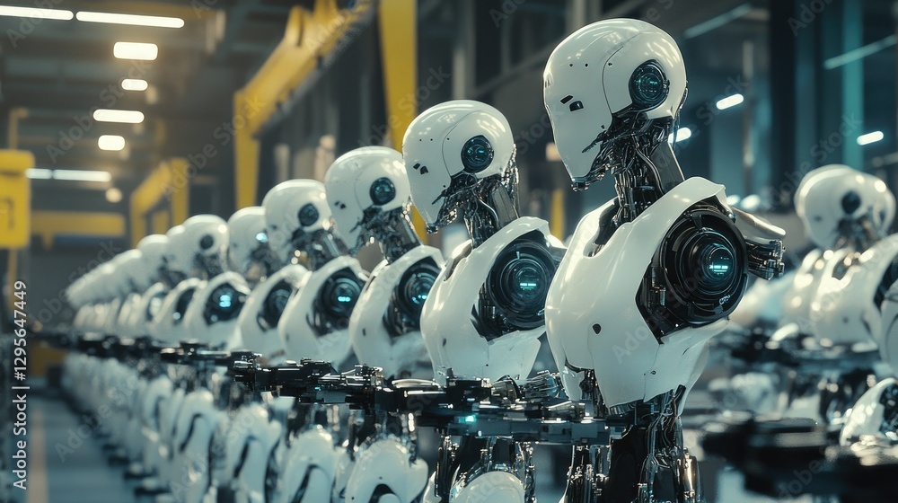 Aufkleber a team of androids working together in a factory, assembling high-tech devices with precision.