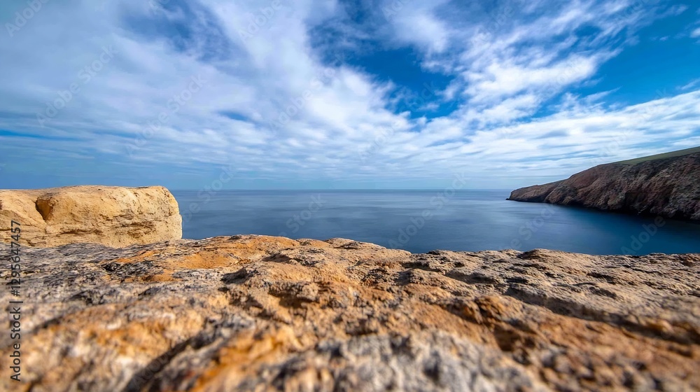Poster stunning coastal view with rocky cliffs and serene ocean under a clear blue sky filled with clouds :