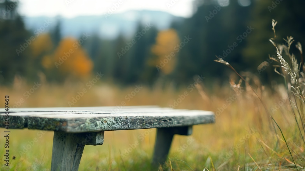 Poster rustic old wooden bench in peaceful meadow surrounded by tall grass and autumn trees : generative ai