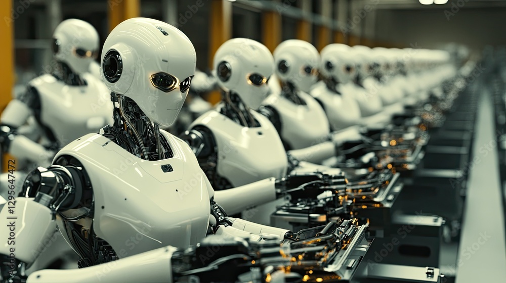 Aufkleber a team of androids working together in a factory, assembling high-tech devices with precision.