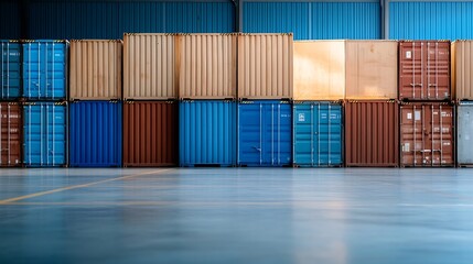 Fototapeta premium Colorful storage containers arranged in a neat row within a warehouse environment : Generative AI