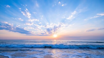 Obraz premium Stunning beach sunset with rays of sunlight breaking through clouds reflecting in the ocean waves : Generative AI
