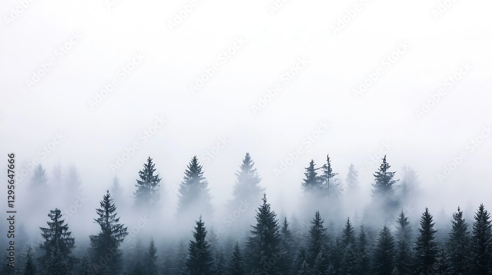 Poster Mystical forest landscape with dense pine trees partially shrouded in fog creating an enchanting atmosphere : Generative AI