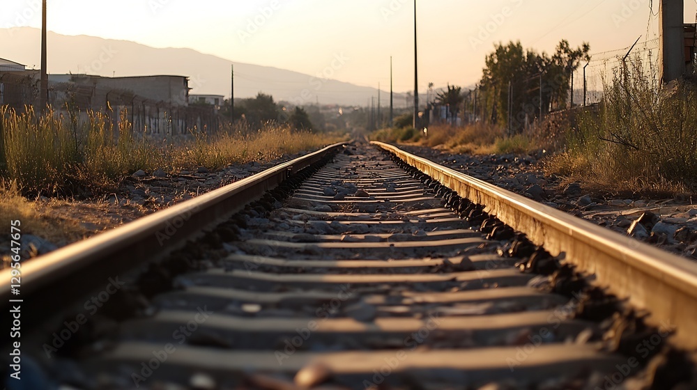 Poster golden hour view of railway tracks stretching into the distance inviting adventure and exploration f