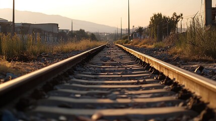 Fototapeta premium Golden hour view of railway tracks stretching into the distance inviting adventure and exploration for travel seekers : Generative AI