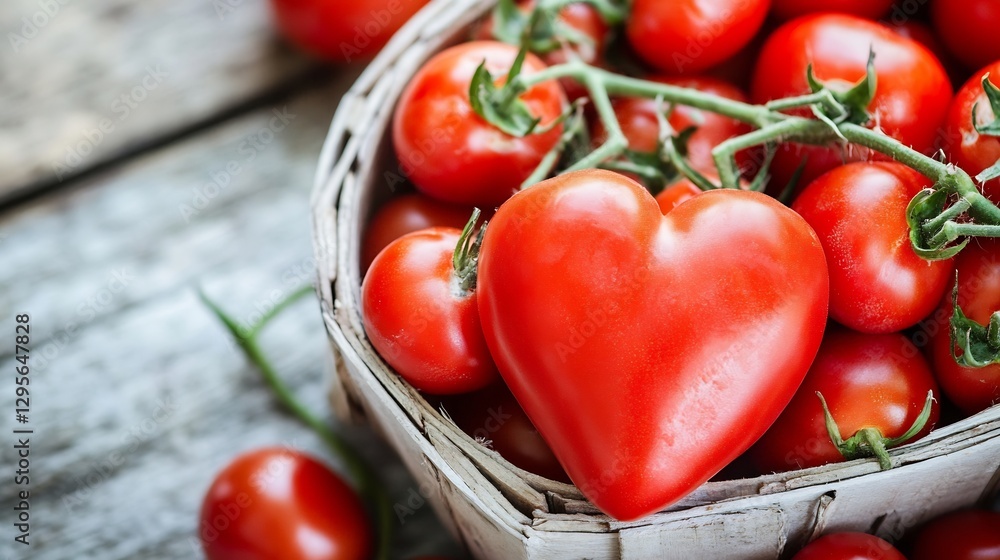 Poster basket filled with vibrant red tomatoes including a unique heartshaped tomato against rustic backgro