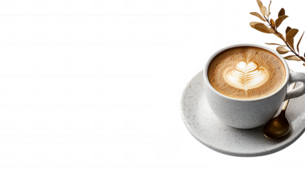 A freshly brewed cup of coffee featuring a leaf on top for an earthy touch and natural aesthetic in a cozy setting