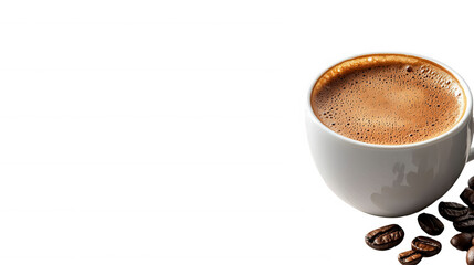 A delightful cup of coffee accompanied by a scatter of coffee beans for a warm and inviting morning beverage scene