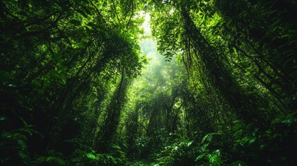 Obraz premium A thick, green jungle with towering trees and vines hanging down from the canopy.