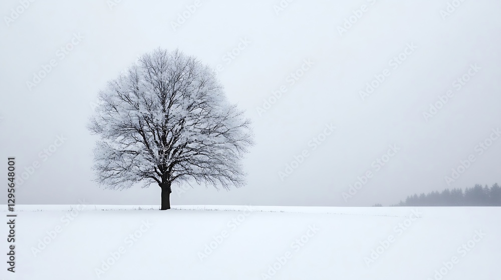 Poster lonely bare tree in a snowy landscape under a gray overcast sky in winter season : generative ai