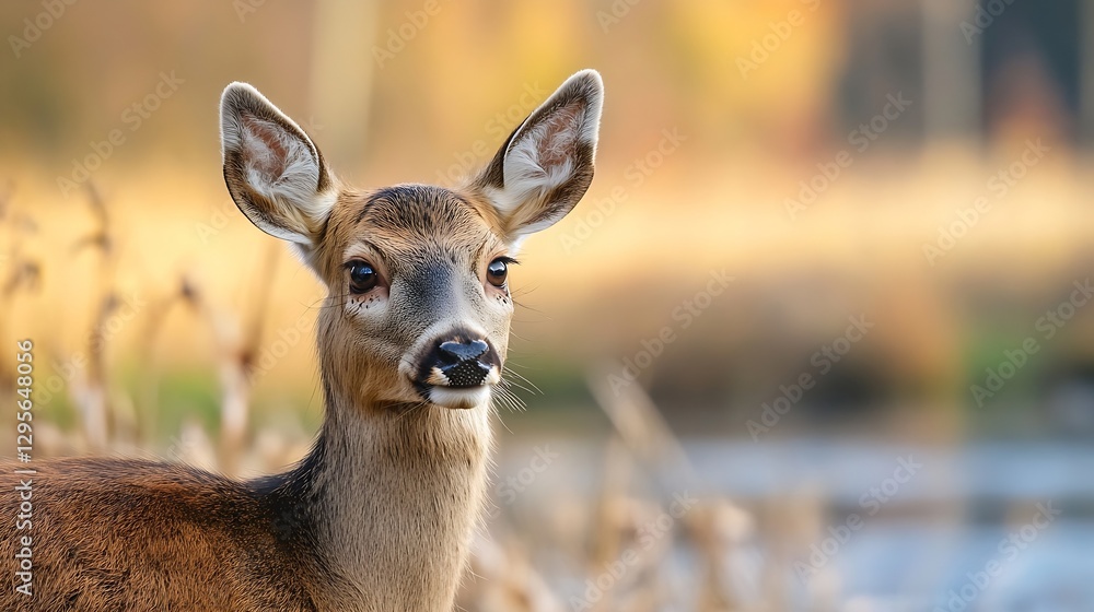 Poster A closeup view of a curious deer looking towards the camera in a serene and colorful autumn setting : Generative AI