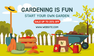 Gardening is fun banner. Scene with fresh vegetables, wooden crate of fruits, fertilizer bags, watering can and wheelbarrow. Rural landscape. Farming market sale concept. Flat vector illustration.