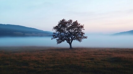 Obraz premium Solitary tree standing majestically in a foggy landscape at sunrise with soft light and misty mountains : Generative AI
