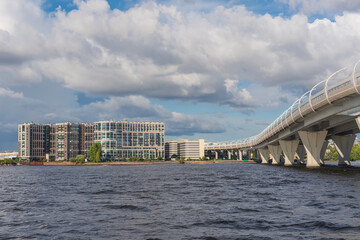 Saint Petersburg, Russia, August 15, 2024: Intracity toll highway in Saint Petersburg. WHSD. Urban road infrastructure. Urban landscape