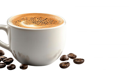 A stylish cup of coffee elegantly displayed with a scatter of coffee beans for a perfect morning pick-me-up experience