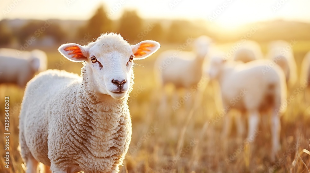 Poster charming sheep in golden meadow during sunset with flock in background offering a peaceful farm scen