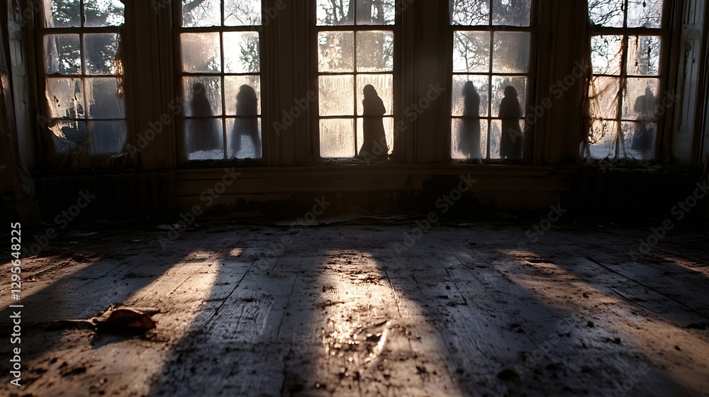 Poster chilling atmosphere with haunting silhouettes viewed through dusty windows in abandoned home : gener